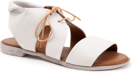 White leather sandal with lace-up closure.