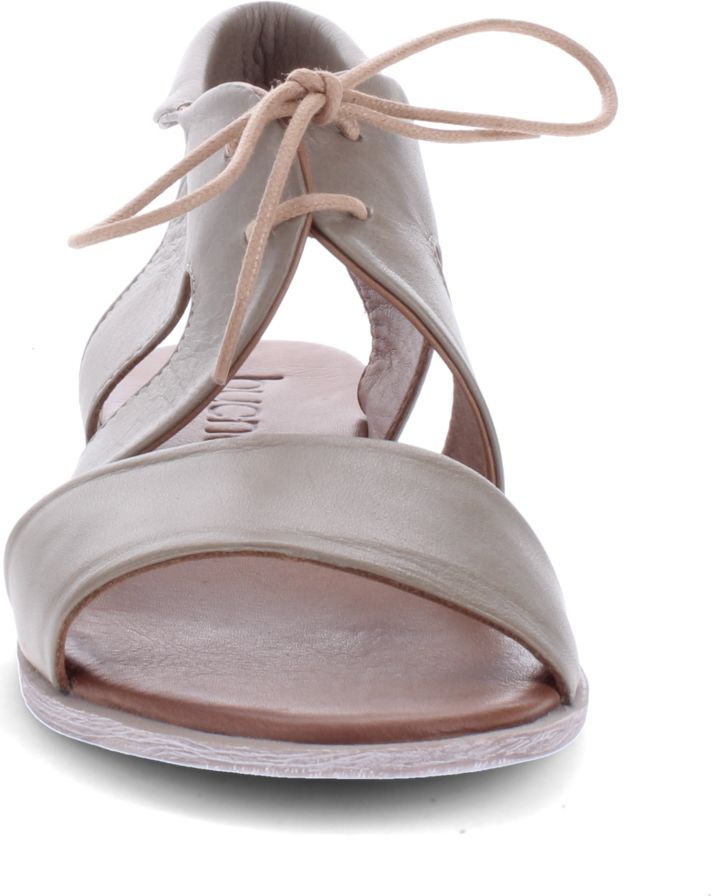 Gray leather sandals with laces.