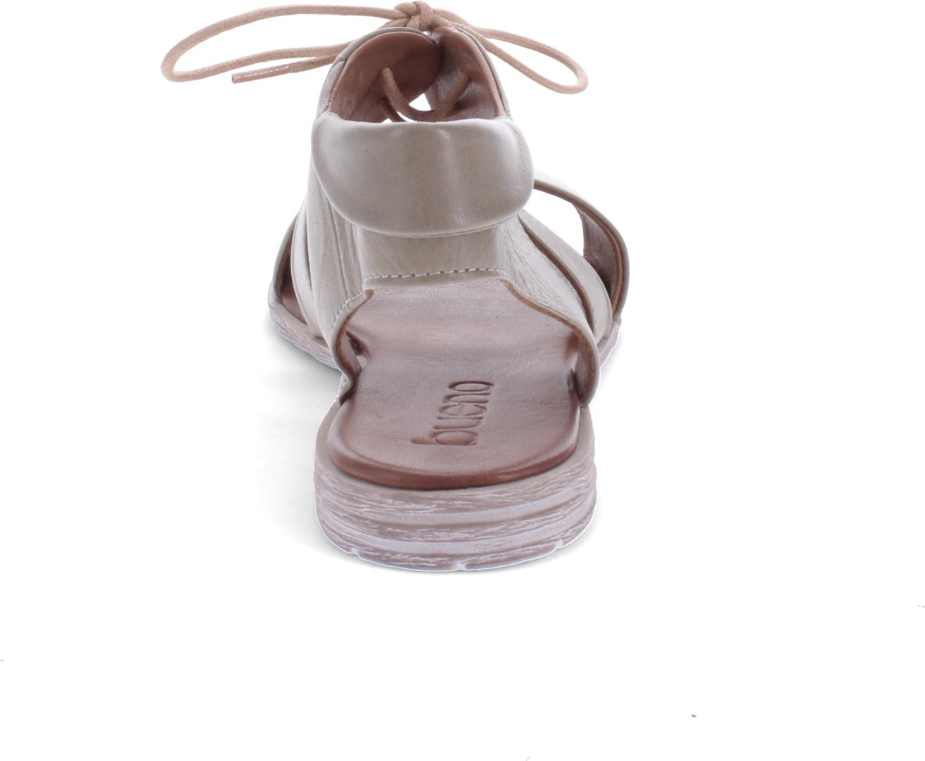 Rear view of an open-toed, tan leather sandal with tie closure and flat heel, showing the word "bueno" on the footbed.