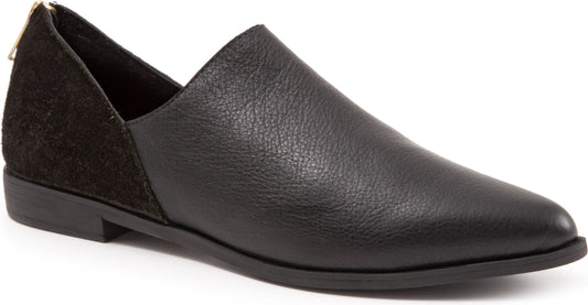 Black leather women's loafer with suede back.