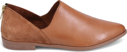 A brown leather loafer with a pointy toe and a suede heel.