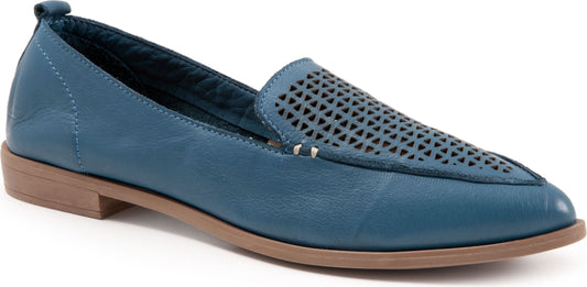 A blue leather loafer with small cutouts on top.