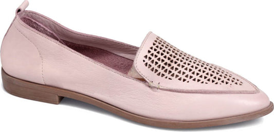 Pink, leather loafer with triangle cutouts on the front.