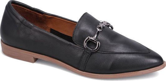 A black, pointed-toe loafer with a silver-toned horsebit detail.