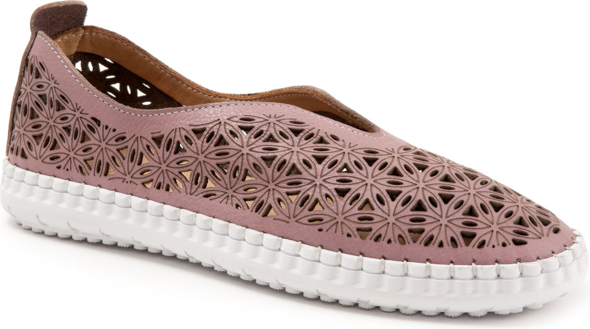 Rose colored slip-on shoe with decorative laser cut-outs and a thick white sole.