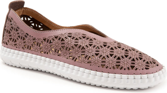Rose colored slip-on shoe with decorative laser cut-outs and a thick white sole.