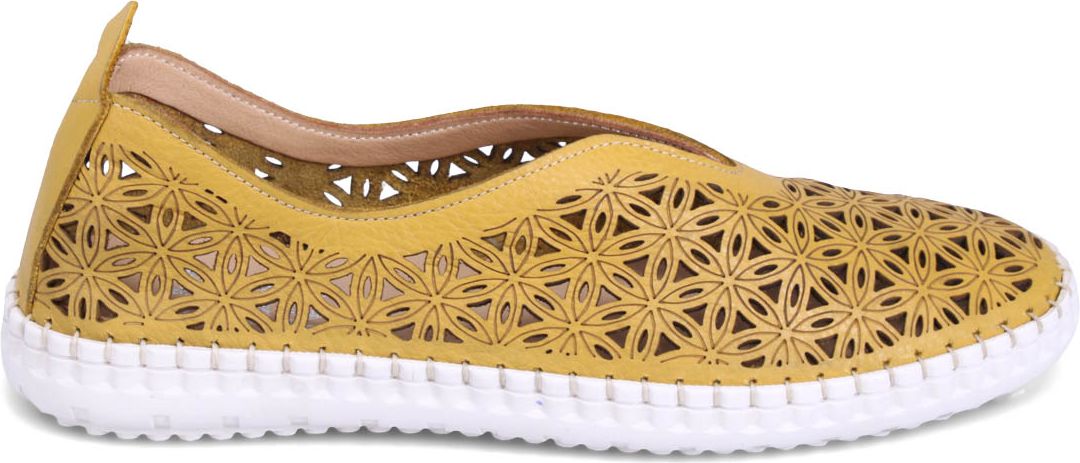 A yellow floral pattern slip-on shoe with a white sole.