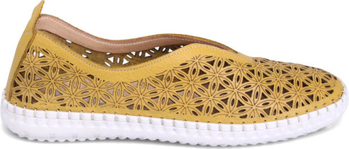 A yellow floral pattern slip-on shoe with a white sole.