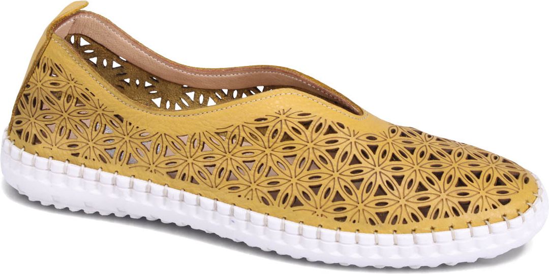 Yellow slip-on shoe with flower cutout design and white sole.