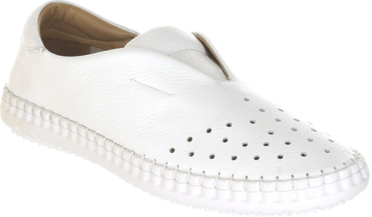 A white leather slip-on shoe with a rounded toe and perforated design.