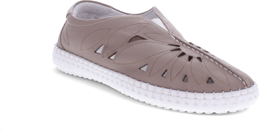 Taupe slip-on shoe with leaf cutouts and a white sole.