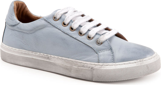 Pale blue leather sneaker with white laces and white rubber sole.