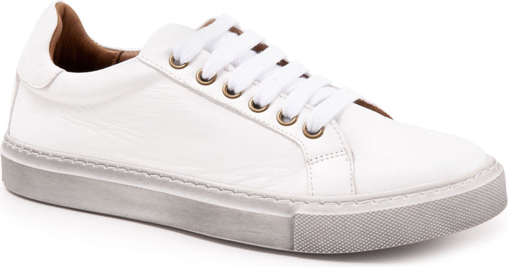 A white low-top sneaker with white laces and a grey sole.