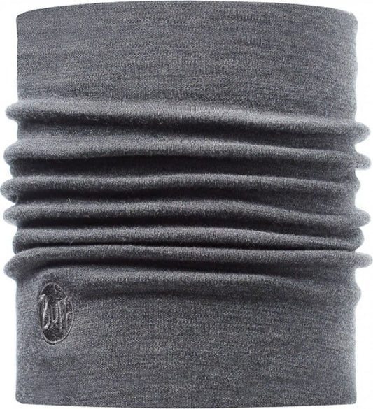 Wrinkled, gray wool neck warmer with a circular brand logo on the lower left.