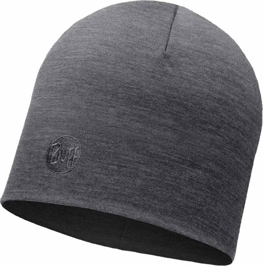 Charcoal gray beanie with a small circular logo.