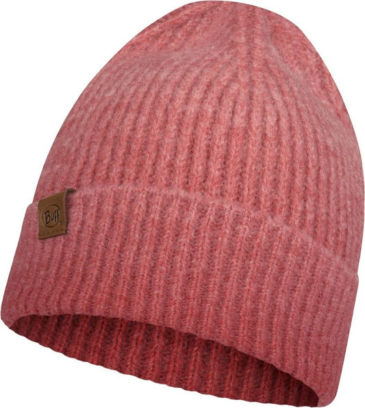 Pink ribbed knit beanie with a small brown logo tag.