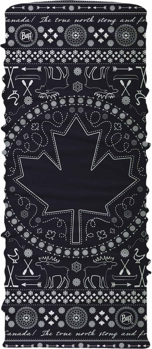A black tubular bandana featuring a large white maple leaf design in the center, surrounded by patterns of moose, canoes, and snowflake-like shapes.