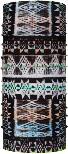 Patterned tubular bandana with black, white, and colorful geometric designs.