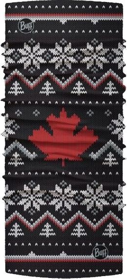 Black tubular headwear with a fair isle pattern, a large red maple leaf, and a Buff logo.