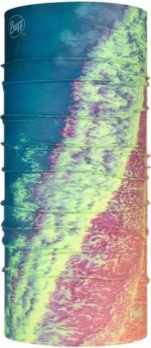 A fabric tube with blue and pink tie dye on it.