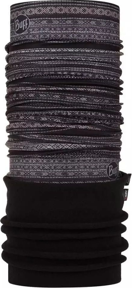 Neck gaiter with a decorative pattern and a fleece lower section.
