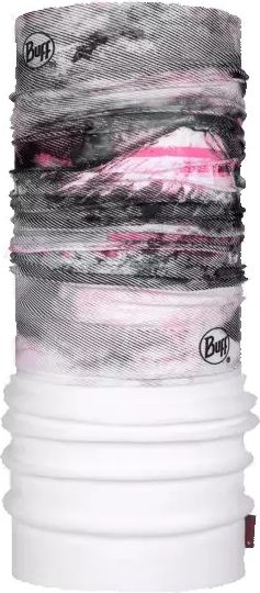 A multi-colored tubular headwear with white lower section and patterned upper.