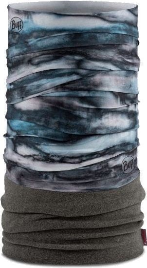 Tubular head and neckwear with mottled gray, white, and blue abstract pattern on top, solid green fleece on bottom.