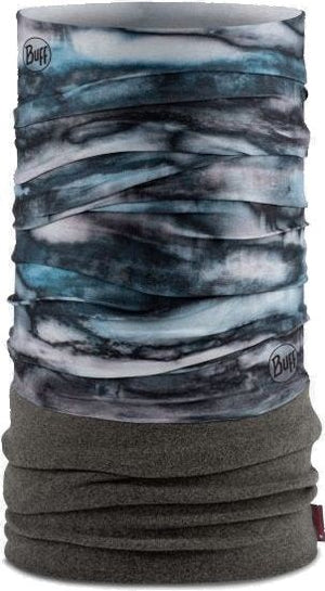 Tubular head and neckwear with mottled gray, white, and blue abstract pattern on top, solid green fleece on bottom.