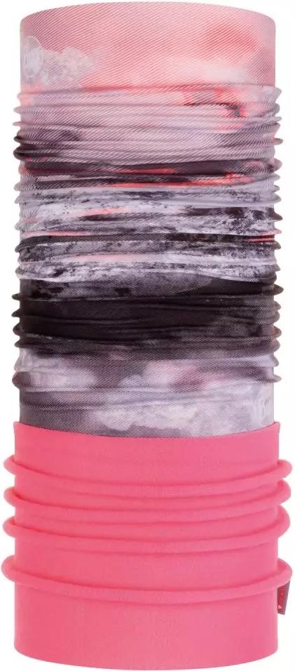 A vertically oriented, multi-colored neck gaiter with pink, white, and gray bands.