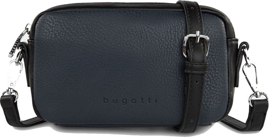 Dark blue cross-body bag with black trim and a strap that includes a black buckle detail.