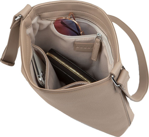 Beige bag, open, showing sunglasses, wallet, and phone inside.