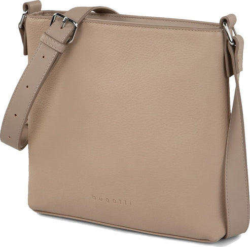 A tan, small rectangular purse with a buckle on the adjustable shoulder strap.