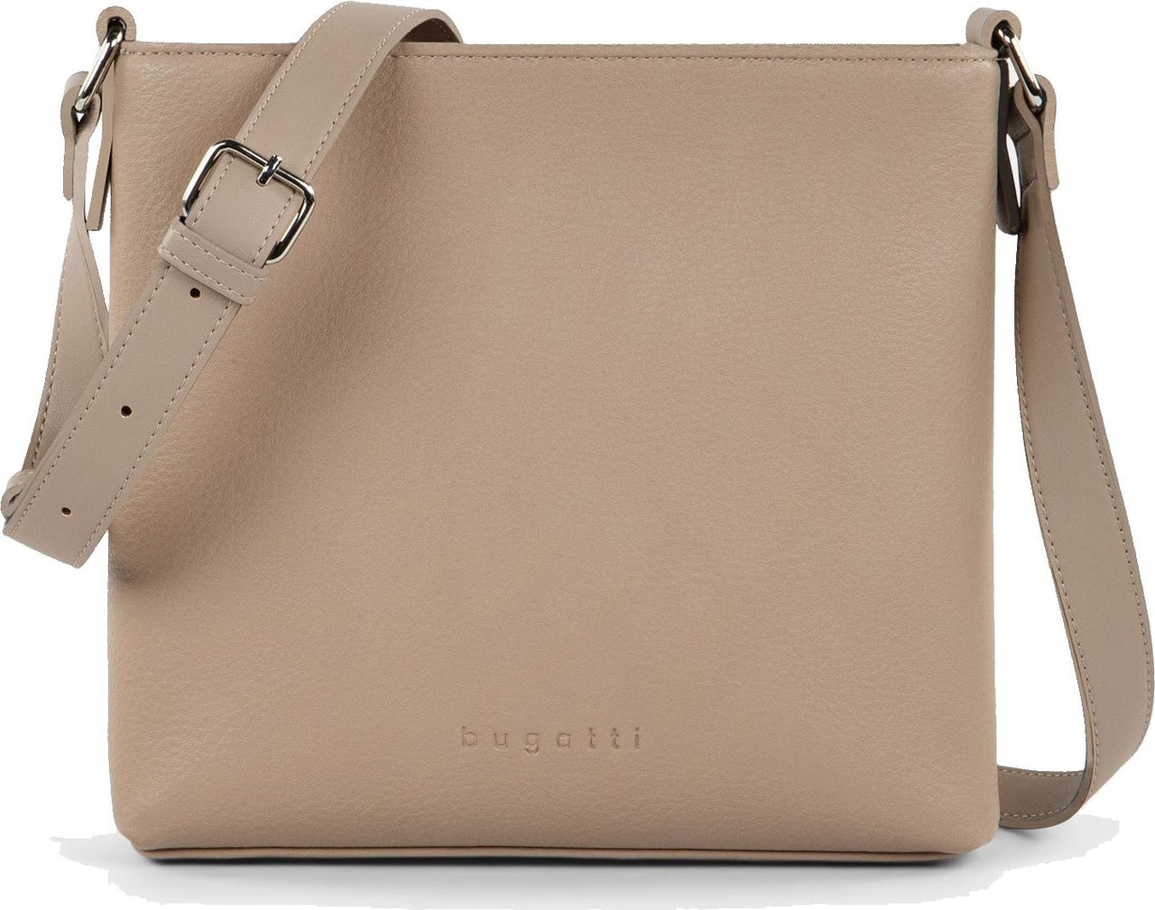 Beige square crossbody bag with silver buckle.