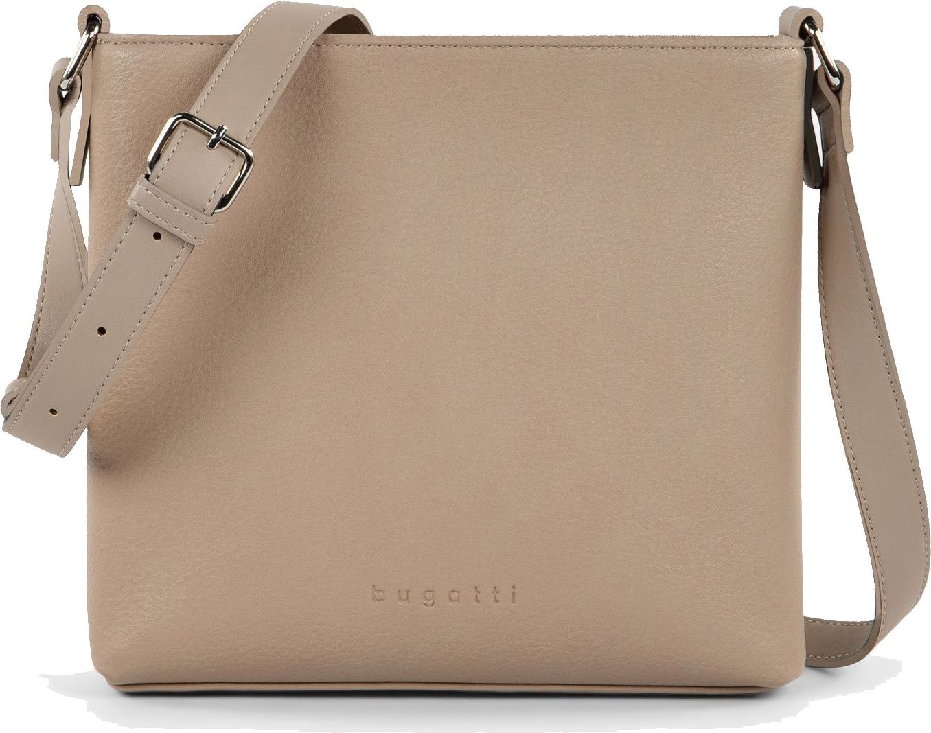 Beige square crossbody bag with silver buckle.