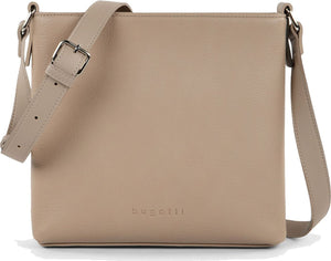 Beige square crossbody bag with silver buckle.