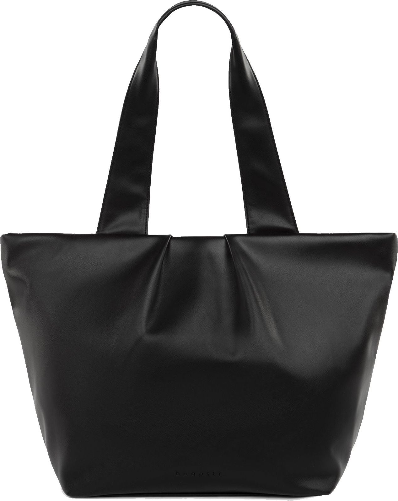 A black tote bag with gathered pleats at the top.
