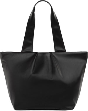 A black tote bag with gathered pleats at the top.