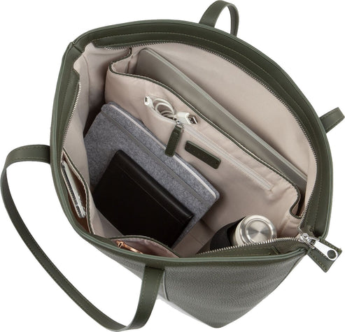 Olive tote bag with multiple interior compartments filled with a laptop, book, water bottle, and other accessories.