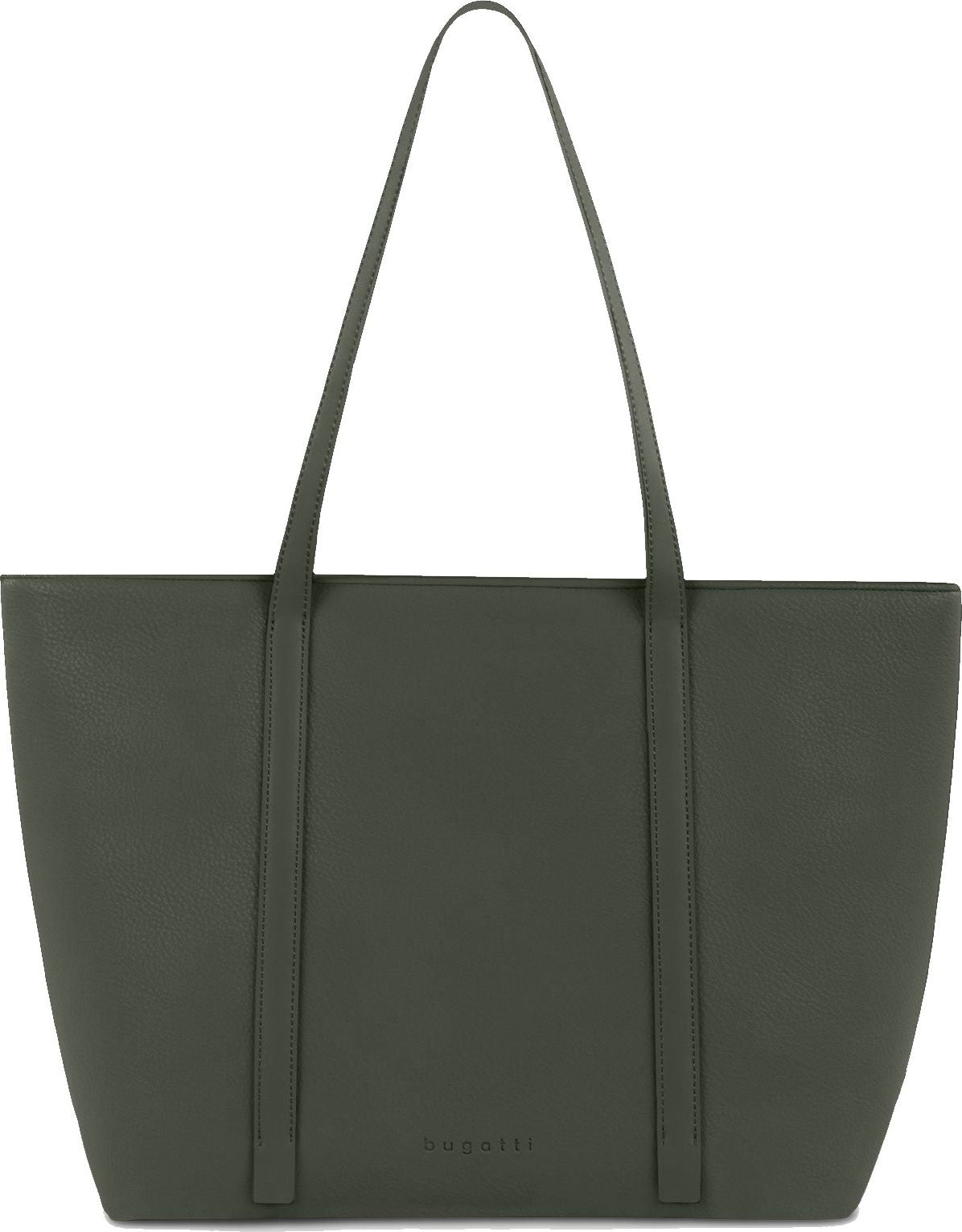 Dark olive green tote bag with two shoulder straps and brand name detail.
