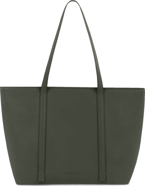 Dark olive green tote bag with two shoulder straps and brand name detail.