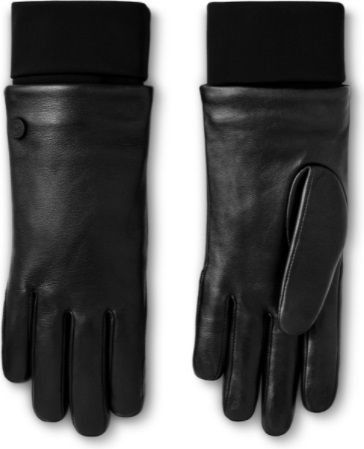 Two black leather gloves with black knit cuffs.