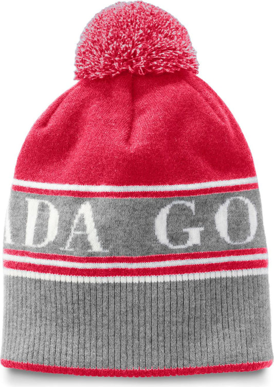 Red and gray beanie hat with a pom-pom on top and white "CANADA GO" text around the middle.