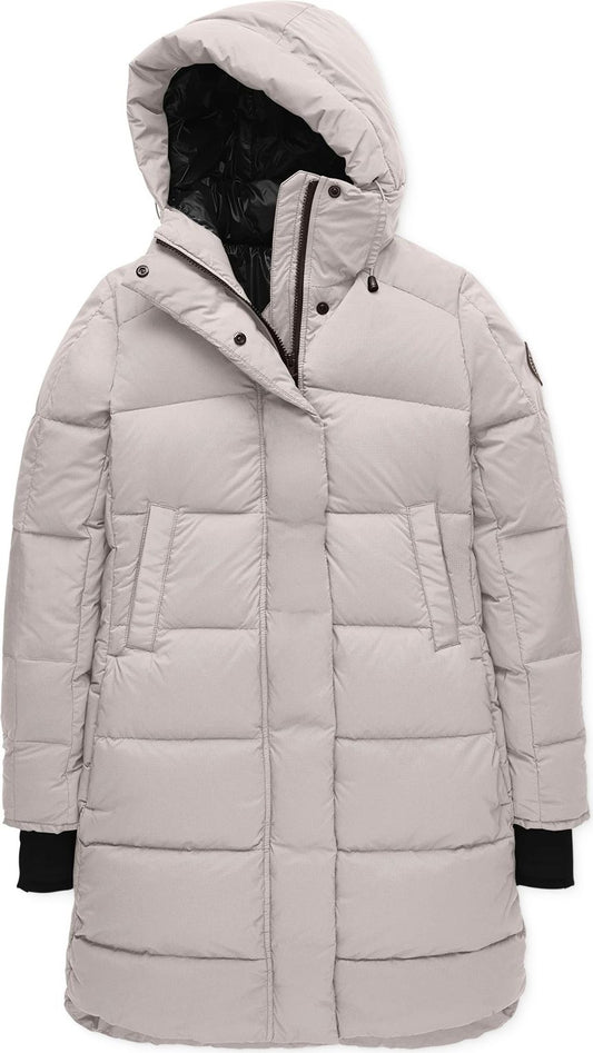 A light grey down puffer coat with a hood and dark cuffs.