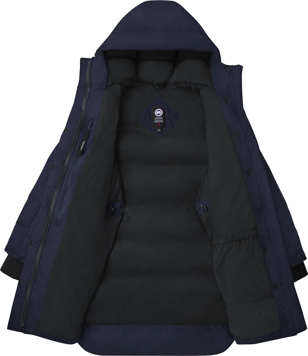 Open view of a navy blue hooded puffer coat with black interior.
