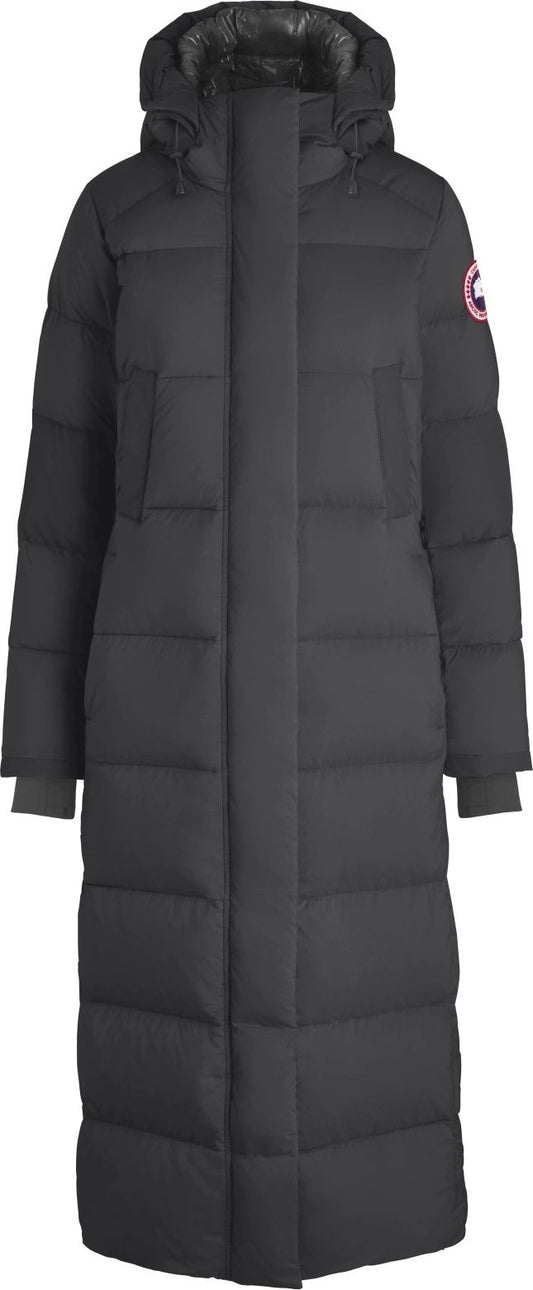 Long, quilted black coat with a hood.