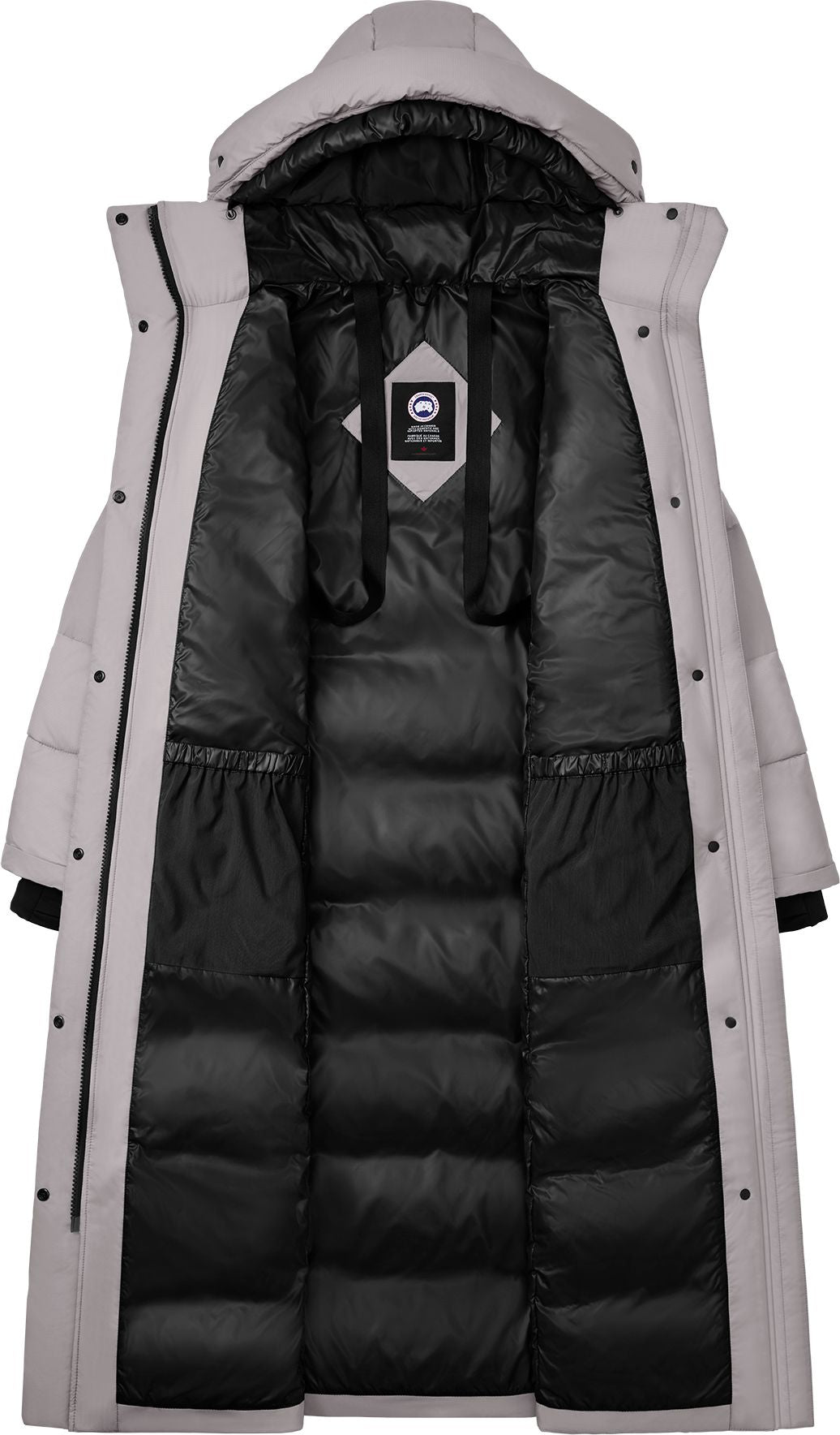 Open, long, light grey down-filled coat with hood and black lining.