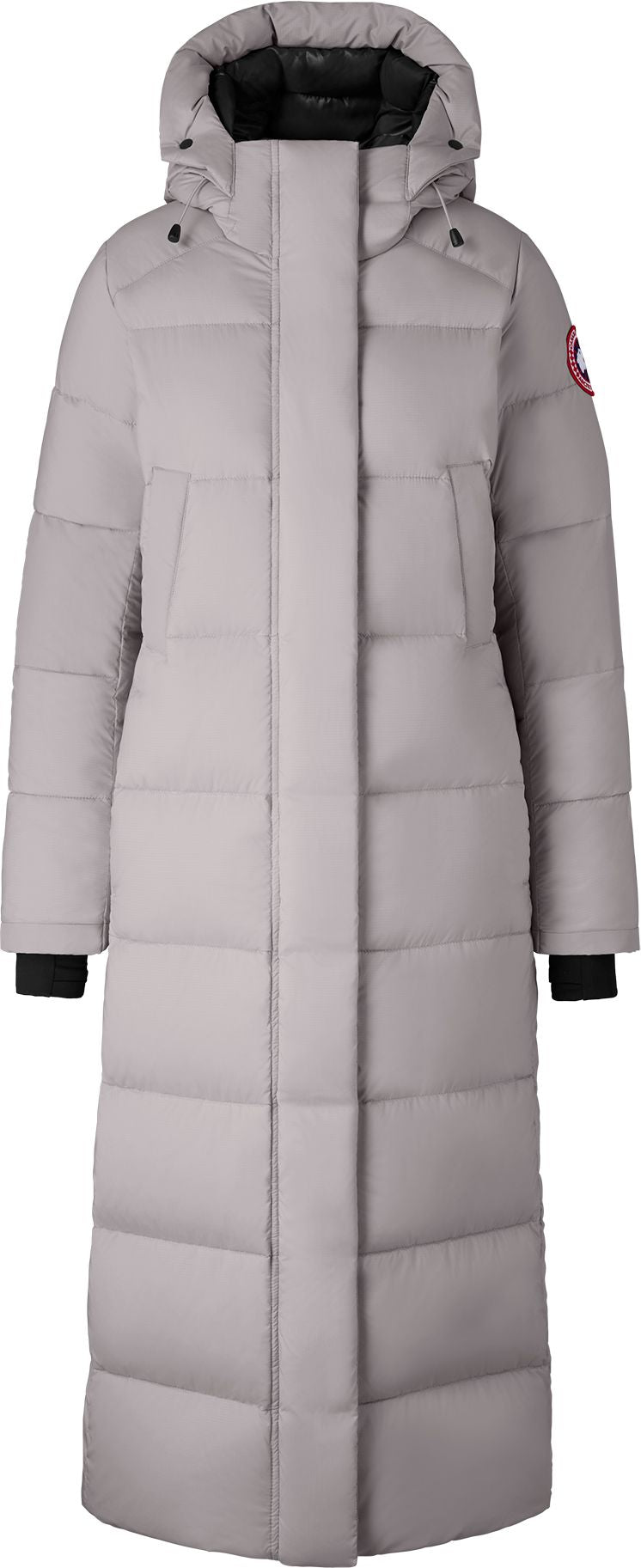 A long, light-gray puffer coat with a hood.