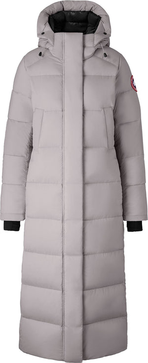 A long, light-gray puffer coat with a hood.