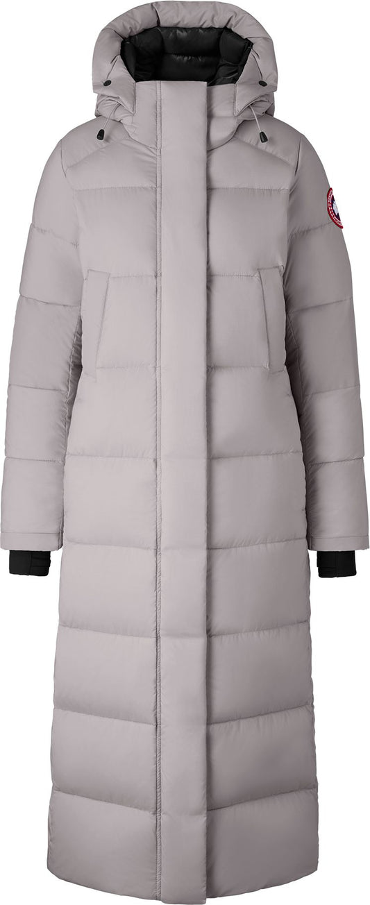 A long, light-gray puffer coat with a hood.