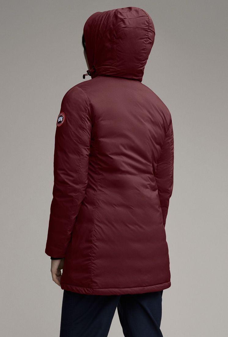 Maroon hooded jacket with brand badge on the sleeve.